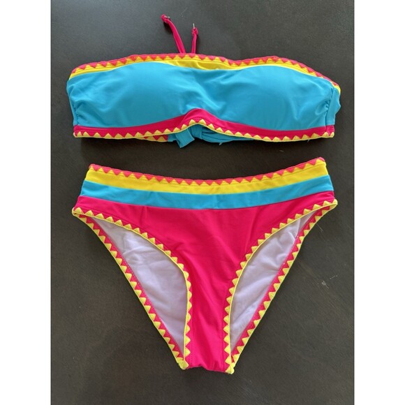 Sexybody Bandeau Bikini Strapless Bikini Neon Color Block Two Piece swimsuit S - Picture 6 of 13